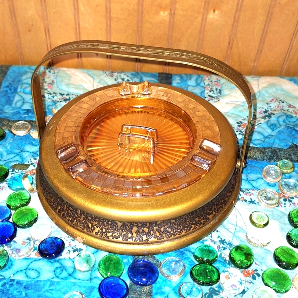 Carnival Glass Ashtray & Stand with Swivel Brass Handle, 1930 Vintage